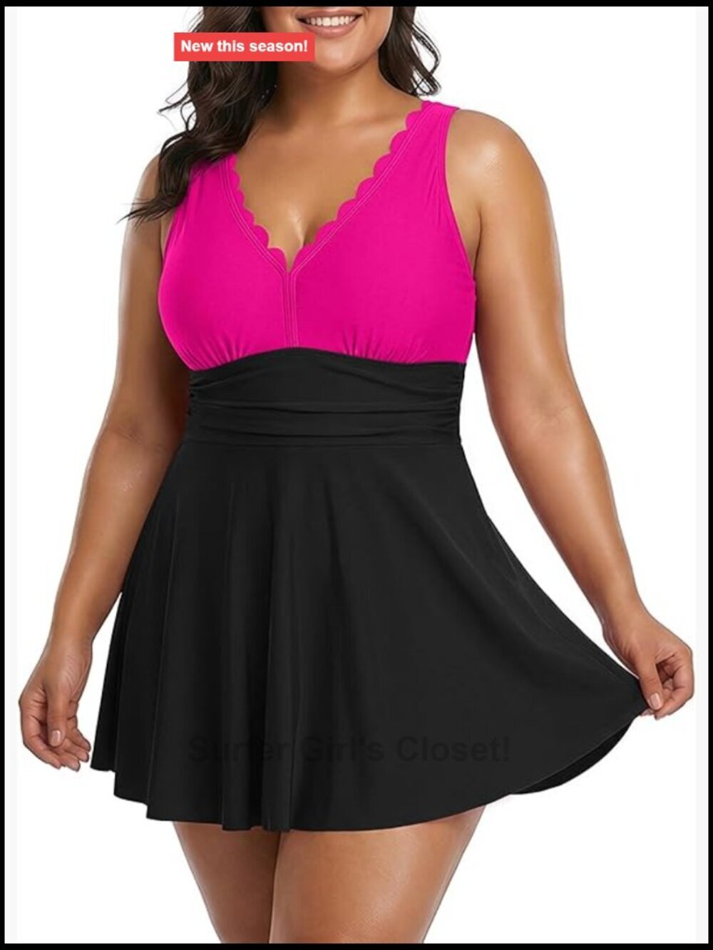 Plus Size One Piece Swimdress Ruched Tummy Control Scalloped V Neck Flowy